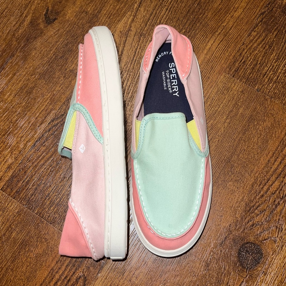 Sperry Colorblock Pink Green Pastel Canvas Slip On Memory Foam Loafers Size 6 - Picture 2 of 11